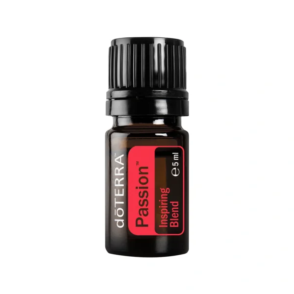 Frasco de Aceite Passion doTERRA sobre fondo cálido y vibrante