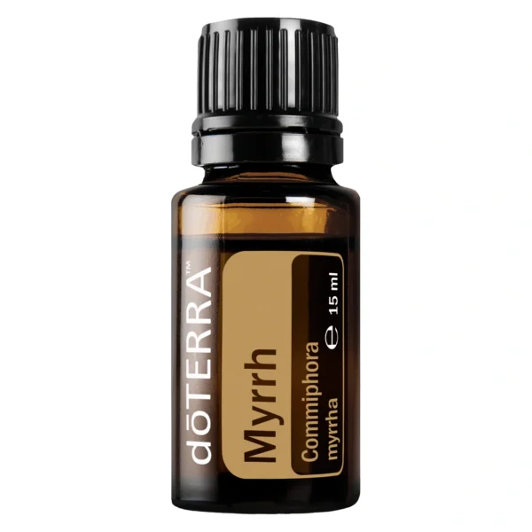 Frasco de Aceite Myrrh doTERRA junto a resina natural de mirra
